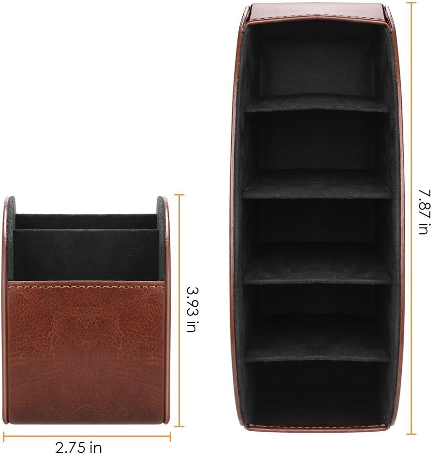 Remote Control Holder with 5 Compartments, PU Leather Remote Caddy Desktop Organizer for TV DVD Blu-Ray Media Player and Heater Controllers, Multifunction Tabletop Storage Box, Brown - color: Brown