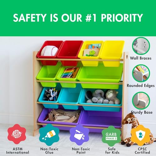 Humble Crew Kids Toy Storage Organizer with 12 Plastic Bins, Natural Wood/Rainbow – Removable Bins for Playroom, Bedroom, Toddler Furniture for Boys and Girls Ages - color: Rainbow/Natural Wood