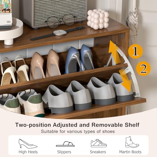 Fsbecl Shoe Storage Cabinet for Entryway with 2 Flip Drawers, Narrow Wood Shoe Cabinet with Fluted Panel, Freestanding Hidden Shoe Organizer for Foyer, Hallway (Walnut) - color: Walnut - With Shelf