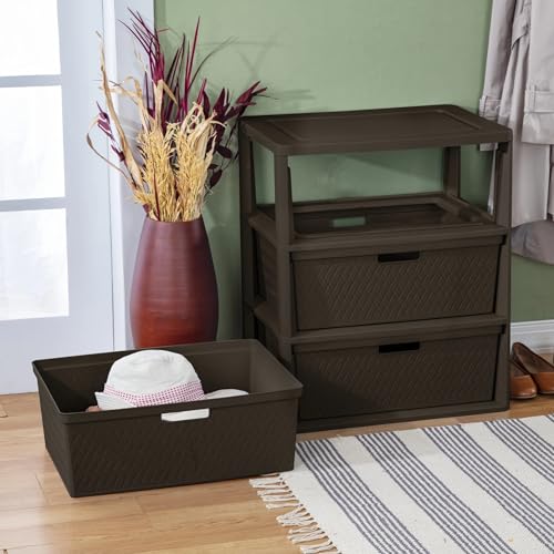 Brown Storage Drawer, 3 Drawer Plastic Weave Wide Tower with Pull Handles - color: Dark brown