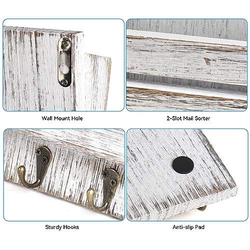 Mail Organizer Wall Mount with 4 Key Hooks, Rustic Wooden Hanging Mail Sorter Farmhouse Key Holder for Wall Decoration, 2-Slot Wall File and Magazines Bill Letter Holder - color: Vintage White