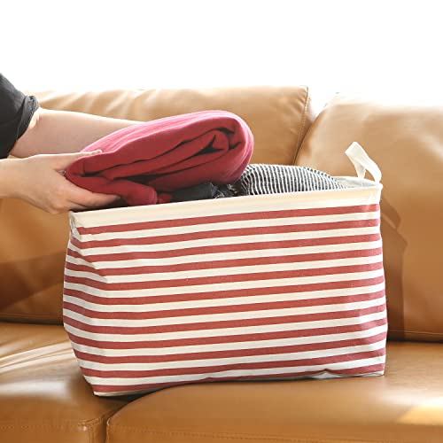 Sea Team 2-Pack Collapsible Canvas Fabric Storage Basket with Handles, Rectangle Waterproof Storage Bin, Box, Cube, Foldable Shelf Basket, Closet Organizer, 16.5 x 11.8 x 9.8 Inches, Red Stripe - color: Stripe/Red, size: 16.5 Inch (Pack of 2)