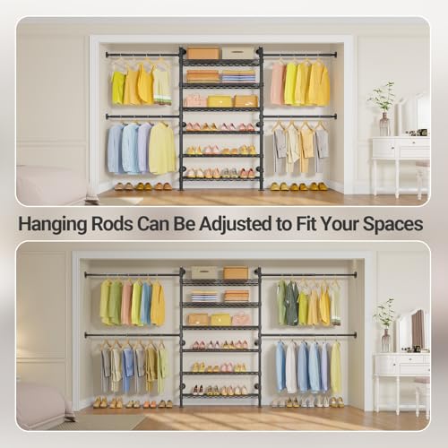 Timate S3X PLUS Closet System, Expandable Wall Mounted Closet with 6 Adjustable Shelves & 4 Expandable Hanger Rods, Industrial Pipe Clothing Rack for Hanging Clothes, Fits Spaces 6'11"- 9'10", Black - color: Black, size: S3X PLUS