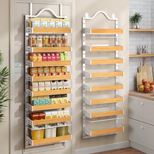 8-Tier Spice Rack Wall Mount, Heavy-Duty Over the Door Pantry Organizer with Wooden Adjustable Basket, 2 IN 1 Wall Mount or Hanging Pantry Door Organizer, Door Spice Rack for Home, White - color: White