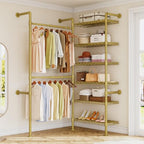 L2 Wall Mounted Closet System, Industrial Pipe Clothing Rack Clothes Racks with 2 Telescopic Rod & 6 Shelves, Heavy Duty Closet Organizers System in Wardrobe Closet, Gold - color: Gold
