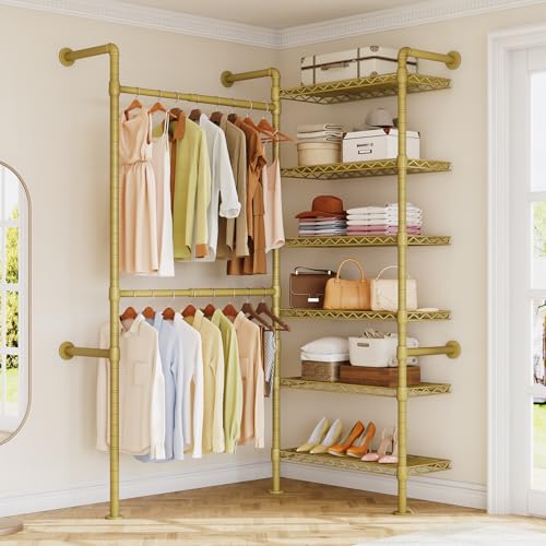 L2 Wall Mounted Closet System, Industrial Pipe Clothing Rack Clothes Racks with 2 Telescopic Rod & 6 Shelves, Heavy Duty Closet Organizers System in Wardrobe Closet, Gold - color: Gold