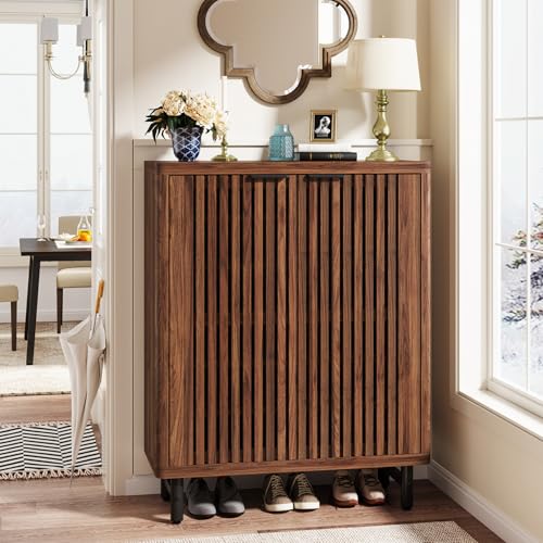 Tribesigns 6-Tier Shoe Cabinet with Shutter Doors, Large Wooden Shoe Organizer Rack with Adjustable Shelves, Modern Farmhouse Hidden Storage Furniture for Entryway, Hallway (Walnut) - color: Walnut