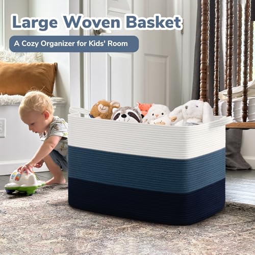 Goodpick 105L Extra Large Woven Basket 25" x 16" x 16" Cotton Rope Storage Baskets for Organizing, Rectangle Blanket Basket Living Room, Toy Storage Baskets for Kids, Blue - color: Light Blue, size: XX-Large(25"L x 16"W x 16"H)