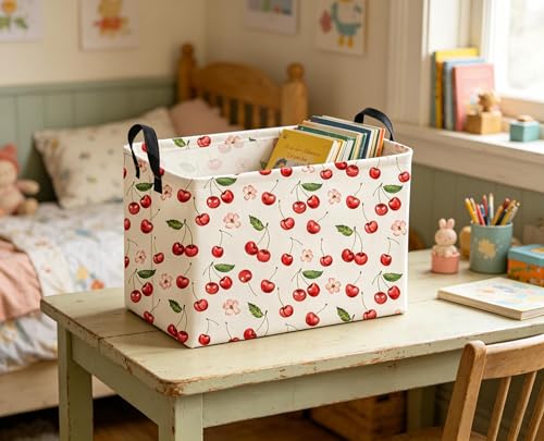 Sanjiaofeng Rectangular Kids Baskets,Pink Cherry Storage Bin,Kids Storage Bins,Collapsible Storage Bin Cute Organizer Box Books Box,Gift Basket,Girl Room Decor(Cherry) - color: Cherry