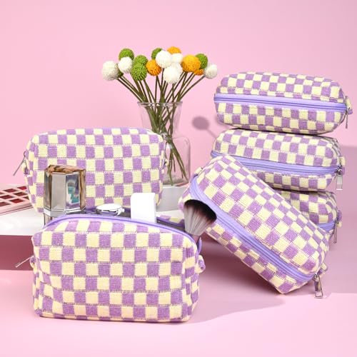 SOIDRAM Checkered Makeup Bag Preppy Cosmetic Bag Bulk Purple Makeup Pouch Personalize Travel Toiletry Bag Organizer Cute DIY Makeup Brushes Storage Bag for Women - color: Purple, size: 6 Pack