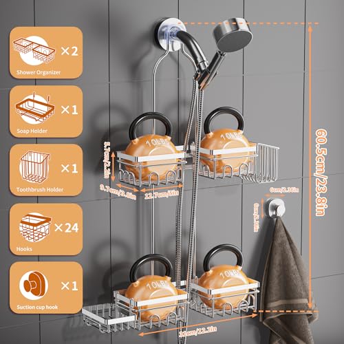 DAOYA Shower Caddy Hanging - Over Shower Head Caddy, 0.82 inch Universal with 2 Shelves, Soap Holder, Toothbrush Holder & Reusable Suction Hook, Complete Silver Bath Organizer Set - color: Silver
