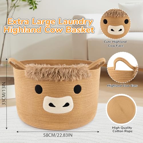 Large Highland Cute Cow Basket for Nursery,Woven Laundry Blanket Gift Basket, Cotton Rope Storage Bins with Handles, Extra Empty Decorative Bin for Towels Pillow Clothes Hamper Room,23"D×13"H - color: Brown, size: 23"D ×13 "H