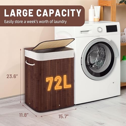 Aliphon 72L Slim Laundry Hamper with Lid, Foldable Bamboo Clothes Laundry Basket with Handles, Removable and Machine Washable Liner, for Bedroom, Bathroom, Dorm, Brown - color: Chestnut Brown, size: 72L