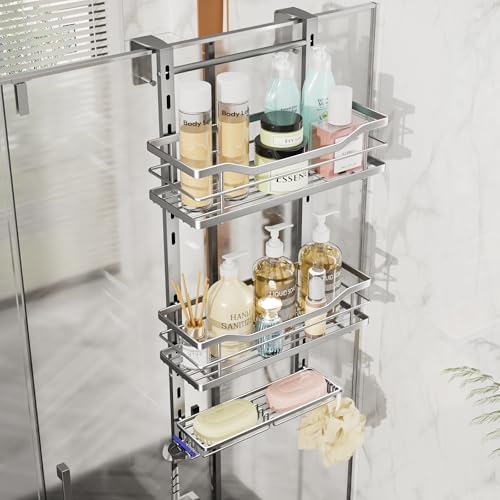 SWTYMIKI Over the Door Shower Caddy - 3 Tier Adjustable Shower Organizer Hanging with Soap Holder, No Drilling Stainless Steel Bathroom Rack Hanging for Body Wash, Shampoo, Soap, Razor, Silver - color: Silver-3 Tier