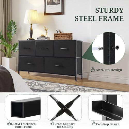 5-Drawer Dresser for Bedroom, Anti-Tip Wide Storage Organizer Fabric Chest of Drawers TV Stand for 45" TV with Wooden Top and Metal Frame for Closet, Living Room, Hallway, Entryway, Black - color: Black, size: 11.8"D x 39.4"W x 20.9"H (5 Drawers)