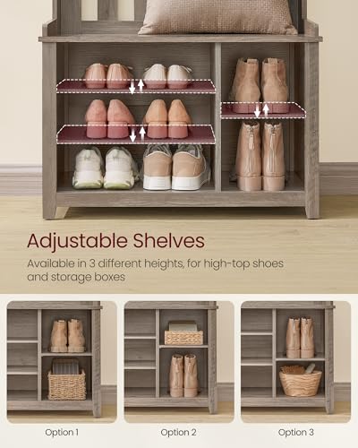 VASAGLE Hall Tree with Bench and Shoe Storage, Coat Rack with Shoe Bench, 7 Double Hooks for Jackets, Hats, Entryway, Bedroom, Living Room, 13.8 x 31.9 x 70.9 Inches, Heather Greige UHSR414G01 - color: Heather Greige