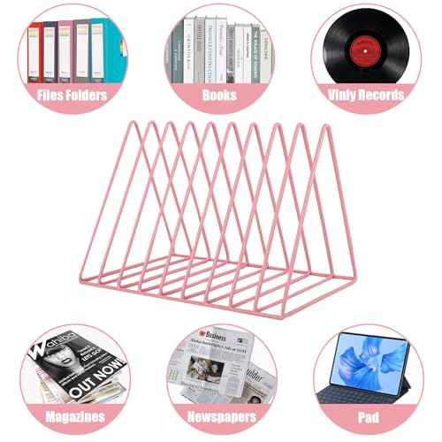 EASEPRES Vinyl Record Holder Storage, 9 Slot Metal Magazine Book Album Display Rack, Stylish Triangle Desktop File Sorter Organizer for Home Office, Pink - color: Pink