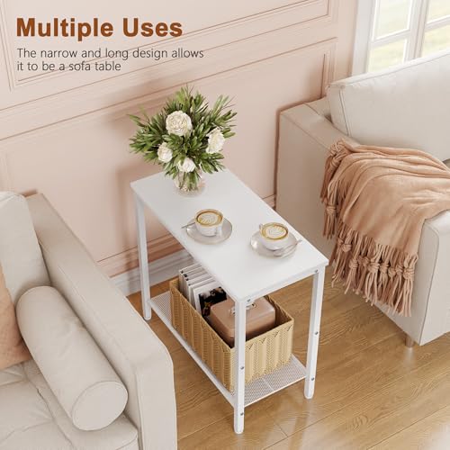 Hoctieon 2 Tier End Table, Sofa Side Table, Narrow Side Table with Storage, Slim Nightstand for Small Spaces, Metal Frame, for Living Room, Bedroom, Sofa Couch, Hall, White - color: White, size: 1 Pack