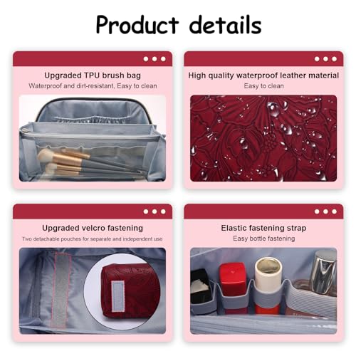 BOYATU Travel Makeup Bags Cosmetic Organizer Bag: 3-Set Large Capacity Make up Bag - PU Leather Toiletry Bags for Women - Wide Open Portable Pouch with Divider & Handle (02-Dark Red) - color: 02-Dark Red