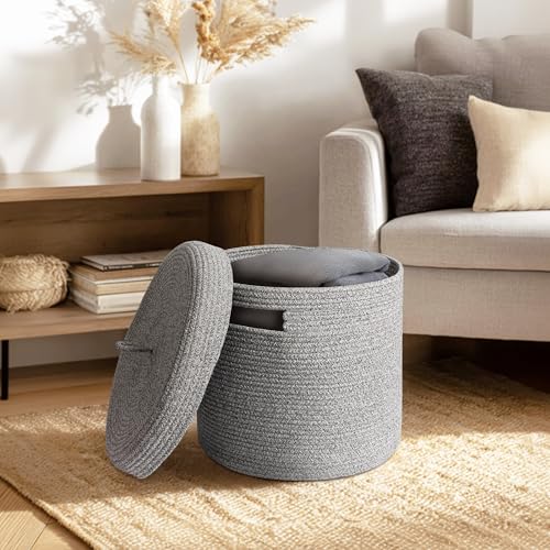 Storage Basket with Lid, Woven Blanket Storage for Living Room, Soft Cotton Rope Bin with Lid, Round Wicker Laundry Basket with Cover, Lidded Kid Dog Toy Box, Nursery Organizer, 15"x13", Gray - color: Gray