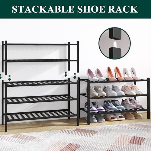 Smiry Bamboo Shoe Rack for Closet, 3 Tier Wooden Stackable Shoe Organizer, Free Standing Shoes Storage Shelf for Entryway, Front Door Entrance, Black - color: Black, size: 3 Tier - Medium