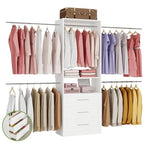Closet System with 3 Drawers, 4–8.5 Ft Closet Organizer System with 5 Adjustable Hanging Rods & Shelves, Wood Walk-In Closet System, Built-In Modular Closet Kit, Sturdy Garment Rack, White