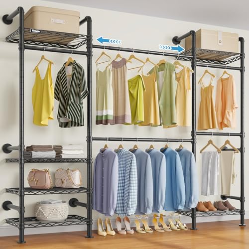 Timate F3 Medium Wall Mounted Clothes rack Expandable Closet, Industrial Pipe Clothing Rack for Hanging Clothes, Heavy Duty Clothes Rack with Shelves, Garment Rack Wall Closet System Black Pipe Closet - color: Black, size: F3 Medium