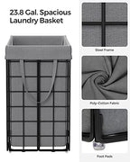 SONGMICS Laundry Hamper, 23.8 Gal. (90L) Laundry Basket, Collapsible Clothes Hamper, Removable and Washable Liner, Metal Wire Frame, for Bedroom Bathroom, Black and Gray ULCB190G01 - color: Black + Gray, size: 90 L