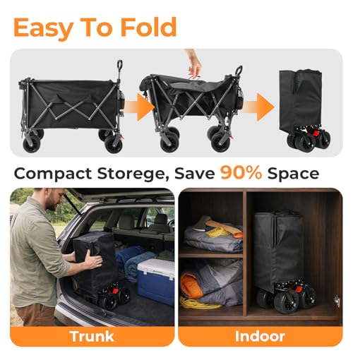 58”L Extender Collapsible Wagon, Extra Long Foldable Wagon Cart with Extended Tailgate, Heavy Duty Rolling Utility Cart with All-Terrain Big Wheels for Shopping Sports Beach, Black - size: 240L