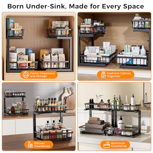 Under Sink Organizer,2 Pack Under Kitchen Sink Organizer,2 Tier Sliding-Out,5 Level Height Adjustable,Thickened Carbon Steel,Anti-Rust Treatment,for Kitchen Bathroom Black