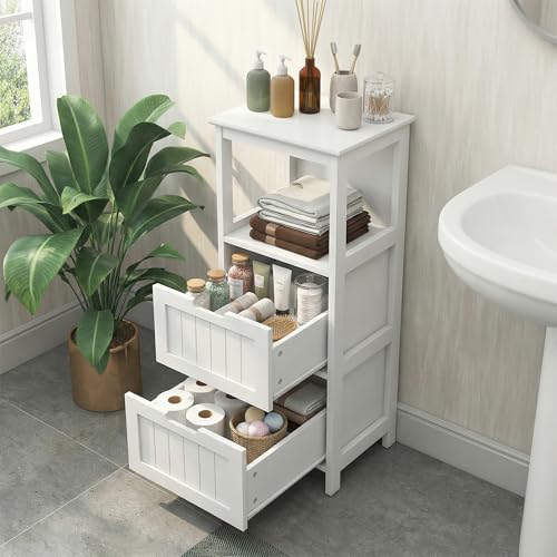 Casaphoria 2-Drawer Bathroom Floor Cabinet, Wooden Storage Organizer with Side Rack, Freestanding Stand Table for Bathroom, Hallway, White - size: 13"L×13"W×35.43"H