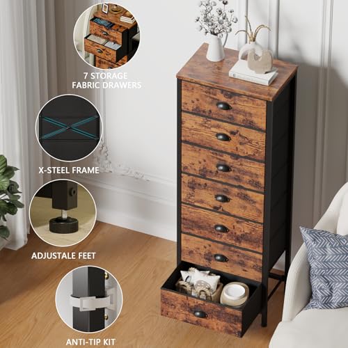 Furnulem Bedroom Dresser with 7 Drawers,Tall Industrial Fabric Chest of Drawers, Vertical Storage Tower Bedside Furniture in Living Room,Closet,Entryway-Sturdy Steel Frame(Rustic Brown) - color: Rustic Brown, size: 11.8"D x 15.8"W x 43.3"H (7 Drawers)