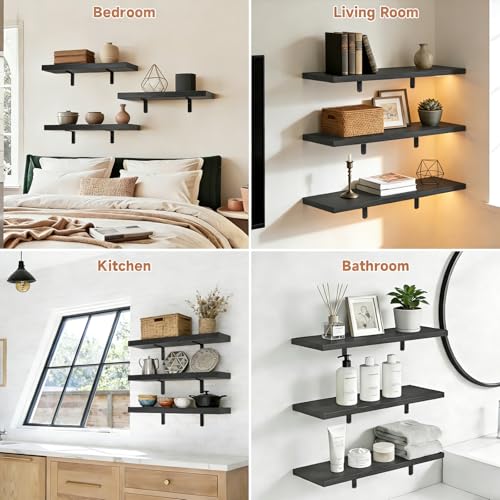Easy Install Wall Shelves with Bracket,15.7Inch Wall Mounted Wood Floating Wall Shelves,Small Wall Shelves for Storage&Wall Decor, Living Room, Kitchen, Office,Corner Shelf for Bathroom,Set of 3,Black - color: Black L-bracket