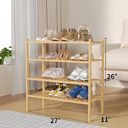ROMGUAR CRAFT 4 Tier Bamboo Shoe Rack for Closet Free Standing Wood Shoe Shelf for Entryway Small Space Stackable 27"x11"x26" (Natural) - color: Natural, size: 4 tier