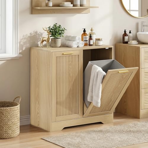 Laundry Hamper Cabinet, Small Tilt-Out Bathroom Storage Unit with Narrow Hidden Basket Chest Bathroom Cupboard