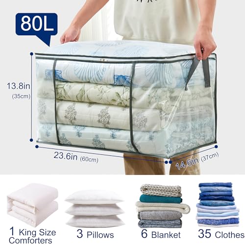 MKOKYD 80L Clear Large Storage Bag, Clothes Storage Containers for Organizing Closet, Bedroom, Underbed, Comforters, Clothing, Blankets, Pillow, Foldable Organizer with Sturdy Handle and Zippers (4)