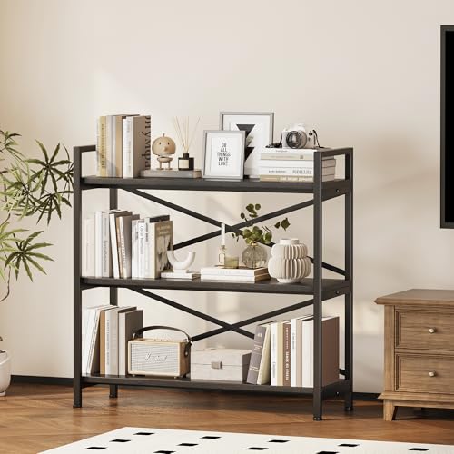 Homeiju 3 Tier Bookshelf 31.49" Width, Wood and Metal Etagere Bookcase, Vintage Farmhouse Modern Wooden Big Book Shelf for Home Living Room Bedroom Office Storage(Black) - color: Black 1, size: 3 Tier - 31.5" W