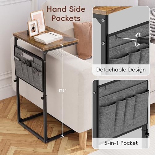 Vagusicc C Shaped End Table, Set of 2 Tall Side Table for Couch, Adjustable Height Small Couch Side Table for Small Spaces, End Table Slide Under Sofa Table TV Tray Arm Table for Living Room, Brown - color: Rustic Brown 2pc