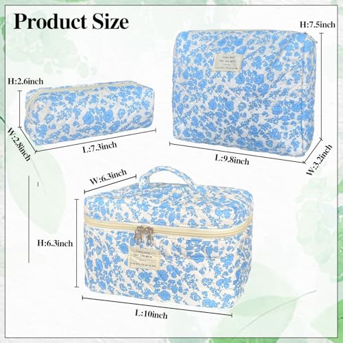 Blue Large Quilted Floral Makeup Bag Set of 3 Cute Coquette Aesthetic Cosmetic Bag Set Travel Toiletry Bag for Women - color: B-3Pcs Blue
