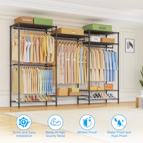 Ulif E13 Pro Heavy Duty Clothes Rack（With 4 Hanger Rods & 8 Shelves） Freestanding Clothing Racks for Hanging Clothes，Adjustable Closet，Metal Garment Rack 75" W x16 D x77 H，Max Load 1000LBS，Black - color: Black, size: E13 Pro