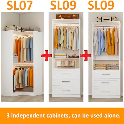 Closet System with 3 Wooden Drawers, 4.5-6FT Corner Closet Organizer System for Walk in Closet, Heavy Duty Modular Closet Systems, Built-in Shelving System with 5 Hanging Rods, 2-Piece Set - color: SL0709
