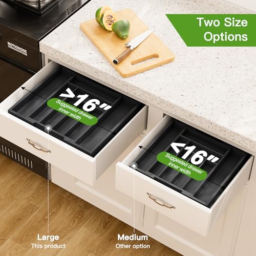 Pipishell Bamboo Expandable Drawer Organizer for Utensils Holder, Adjustable Cutlery Tray, Wood Drawer Dividers Organizer for Silverware, Flatware, Knives in Kitchen, Bedroom, Living Room (Black) - color: Black, size: Large