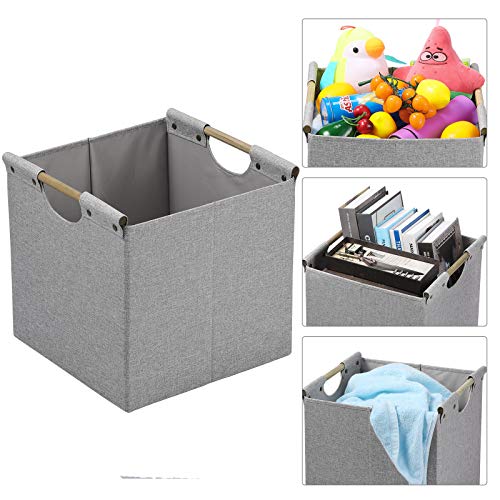 HOONEX Collapsible Storage Bins, 13x13x13in Storage Cubes Linen Fabric, 3 Pack, Storage Baskets with Wooden Carry Handles and Sturdy Heavy Cardboard, for Home, Office, Car, Nursery, Light Grey - color: Light Grey, size: 13" L x 13" W x 13" H