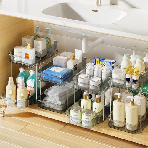 Delamu 2-Tier Under Sink Organizers and Storage, Multi-Purpose Stackable Bathroom Cabinet organizers, Pull Out Kitchen Pantry Organization and Storage with Dividers(4 Pack, Grey) - color: Grey, size: 4 Pack