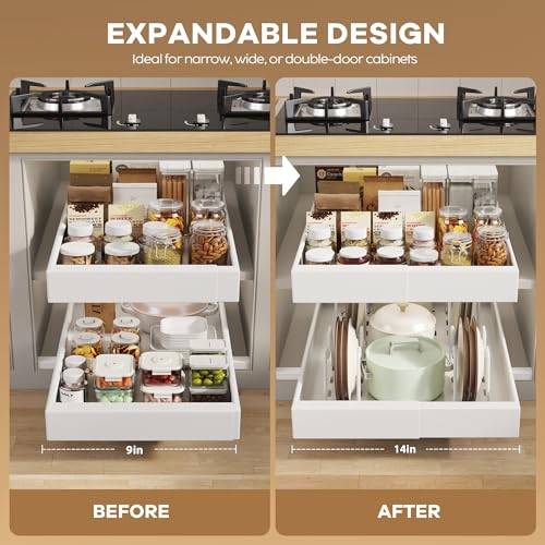 Seinloes 2 Pack Pull out Cabinet Organizer 21" Deep With Raising Pad for Framed Cabinets, Expandable Slide out Drawers for Kitchen Cabinets with 4pcs Divider Racks, Roll out Shelves 9"-14" W White - color: White, size: 9"-14"W x 21"D(2Pack)
