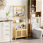 Bookcase with Drawers, 4-Tier Bamboo Bookshelf Ladder Shelf with 6 Hooks, Tall Narrow Book Shelf, 24.8"L x 10.6"W x 59.5"H, Standing Storage Organizer for Living Room, Home Office, Bedroom, Bathroom - color: 4-tier Natural