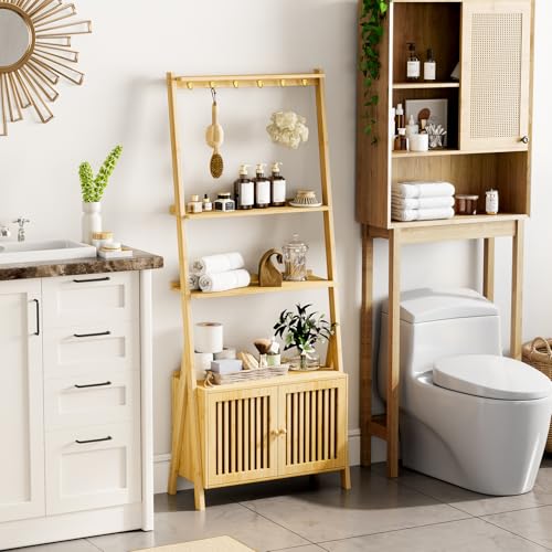 Bookcase with Drawers, 4-Tier Bamboo Bookshelf Ladder Shelf with 6 Hooks, Tall Narrow Book Shelf, 24.8"L x 10.6"W x 59.5"H, Standing Storage Organizer for Living Room, Home Office, Bedroom, Bathroom - color: 4-tier Natural