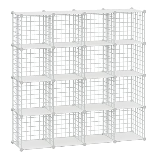 HUBSON Wire Cube Storage Organizer, Book/Toy/Craft/Potted Plants and Pet Closet Organizers, 16-Cube Freely Combinable Metal Grid Storage Shelves, White Plus Iron - color: White Plus Iron, size: 16 Cubes
