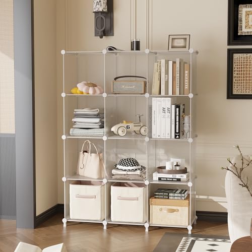 AWTATOS Cube Storage Organizer, Closet Organizers and Storage, 12 Cube Shelves Bookshelf, DIY Stackable Plastic Clothes Organizer Shelving for Bedroom, Home, Transparent Twill - color: Transparent Twill