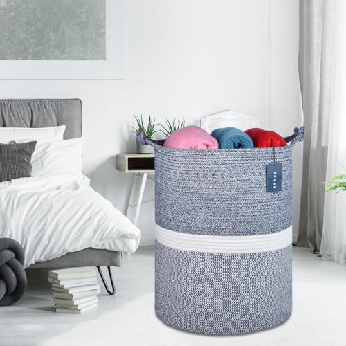 COMSE Extra Large Blanket Basket, Tall Woven Storage Basket, Nursery Hamper, 15.7”x 21.7”, Cotton Rope Laundry Hamper for Toys Clothes Towels, Blend Navy Blue/White - color: Blend Navy Blue & White